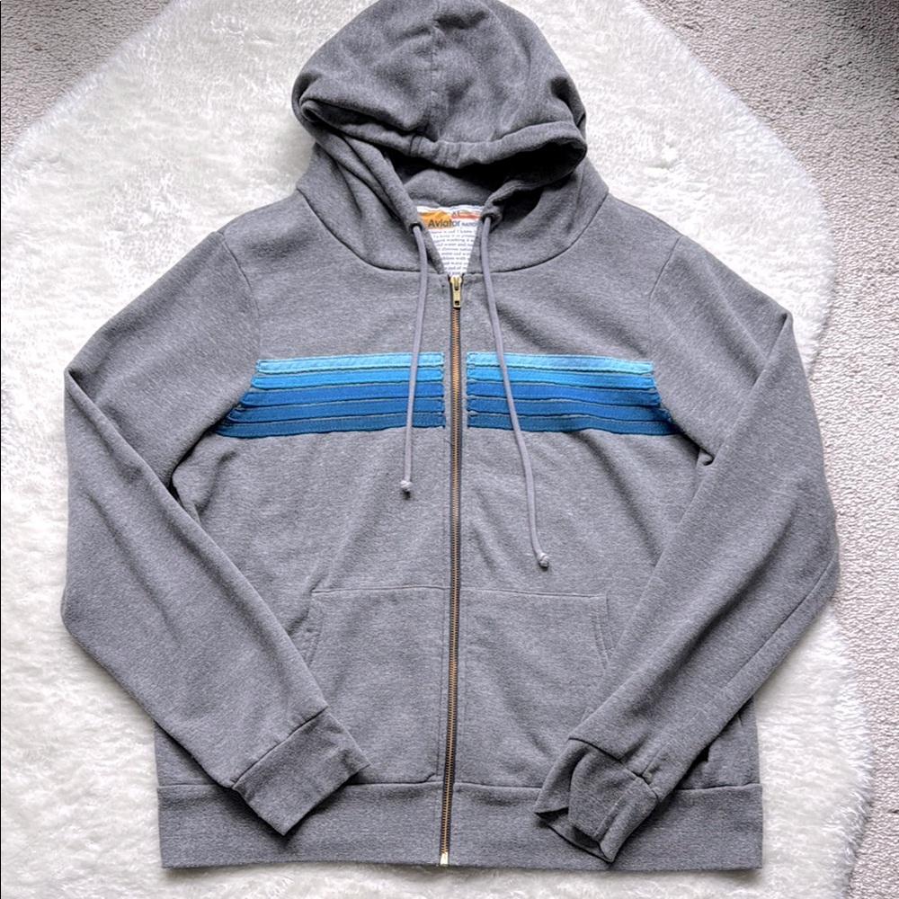 Aviator Nation 5 Stripe Hoodie Gray with Blue Stripes Size XL in VGC
